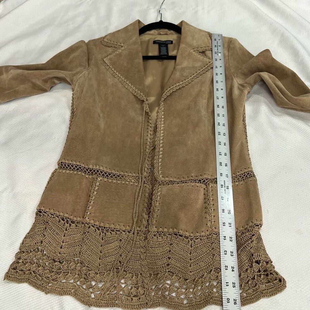 Kenneth Cole Leather Tan Suede‎ Crochet Trim Boho Hippie Jacket 6P Women’s - Picture 5 of 8